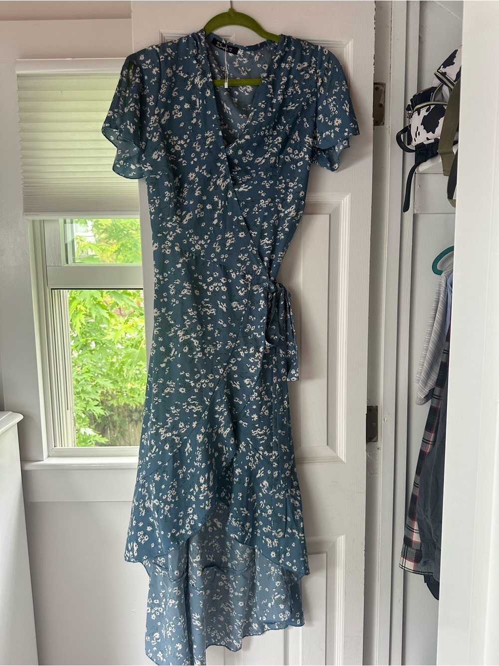 Simple Teal Blue Floral High-Low Wrap Dress